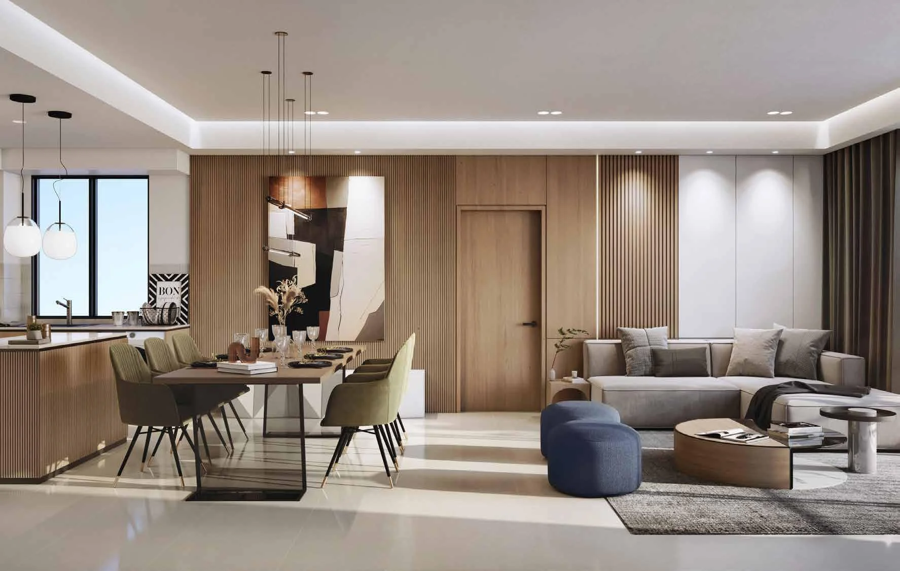 Artist's impression of the open-concept living and dining area, Type B unit at Aras Residences