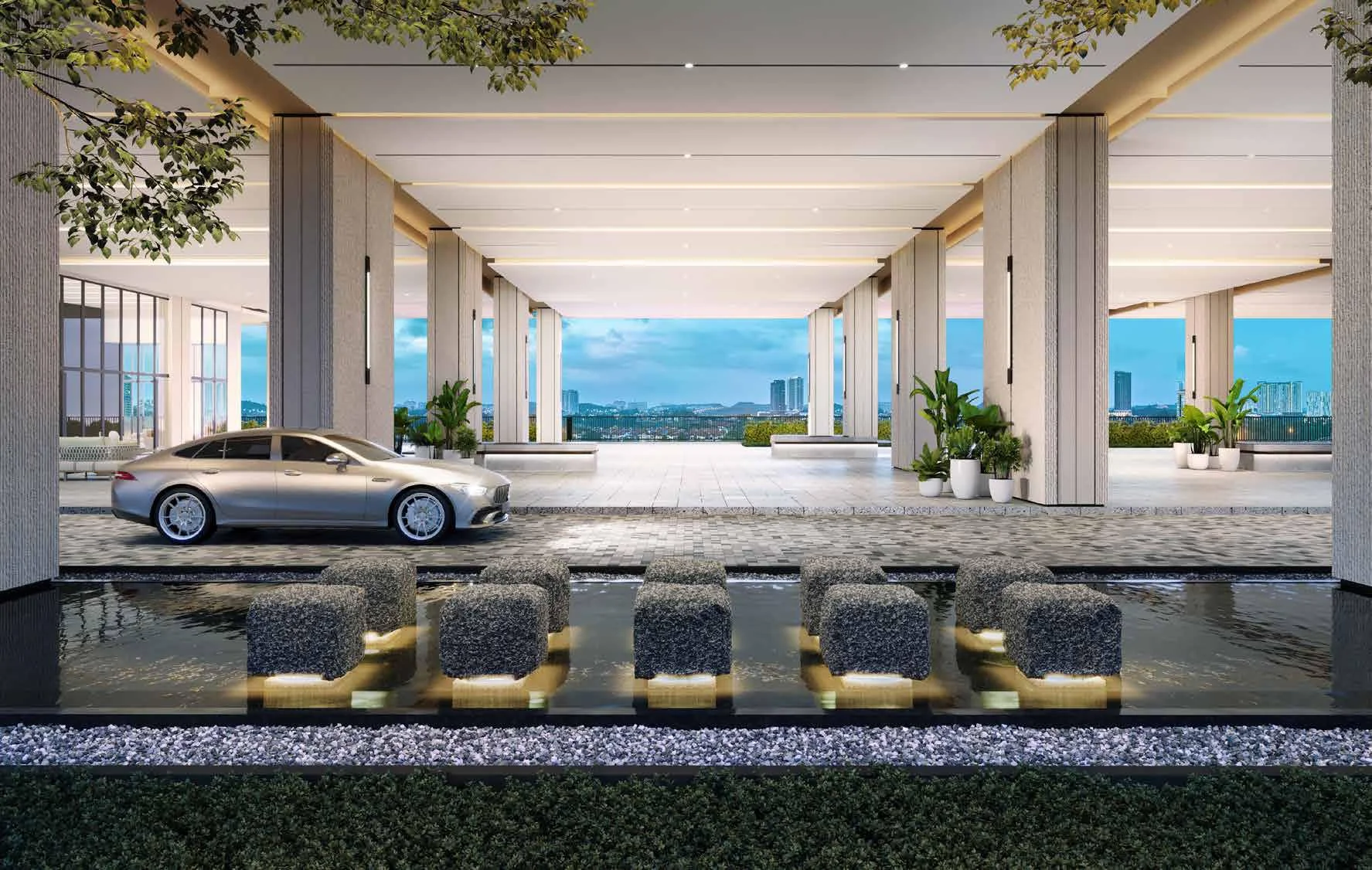 Artist's impression of the grand arrival lobby at Aras Residences