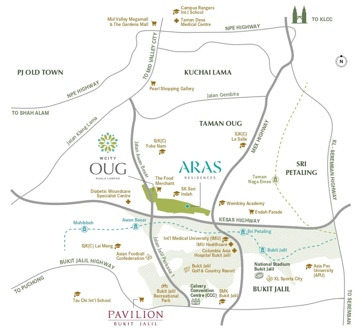 Location map of Aras Residences at WCity OUG showing nearby highways, LRT stations, schools, malls and hospitals