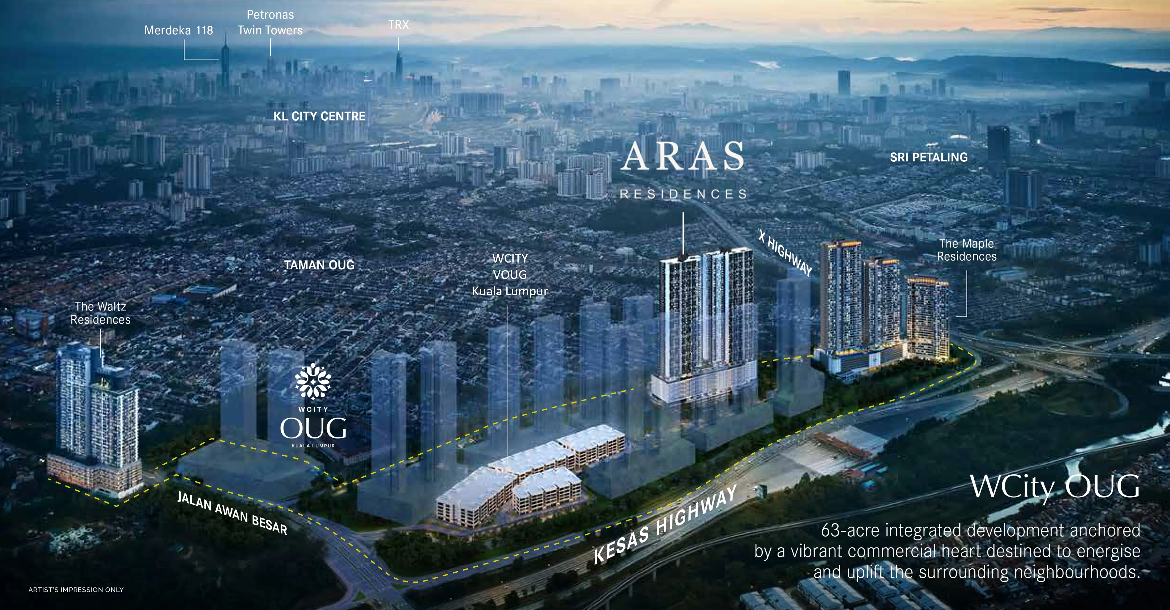 WCity OUG master plan showing Aras Residences, Central Park, commercial hub and neighbouring residences