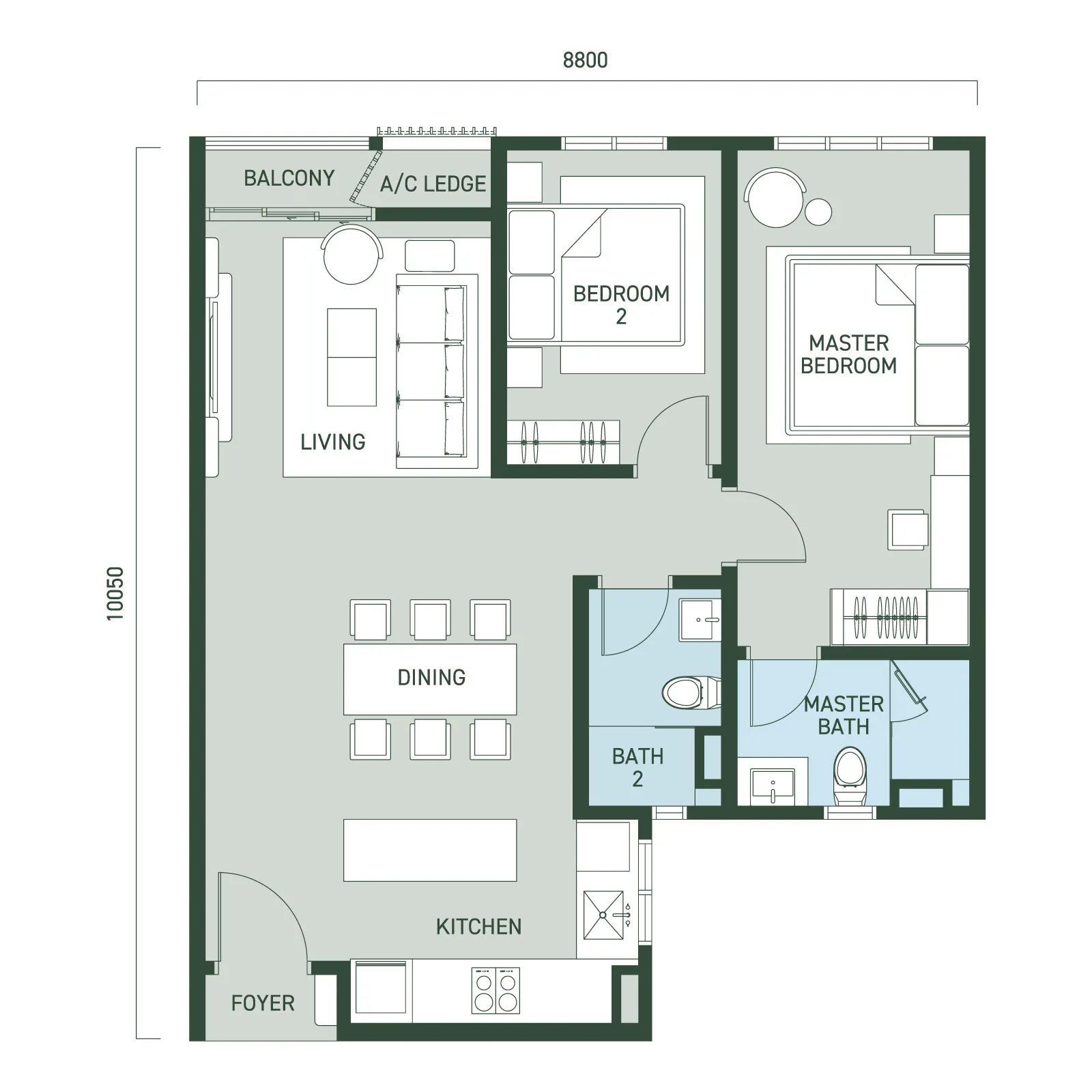 Type A / A1 floor plan — 850 sq.ft., 2 bedrooms 2 bathrooms, Aras Residences