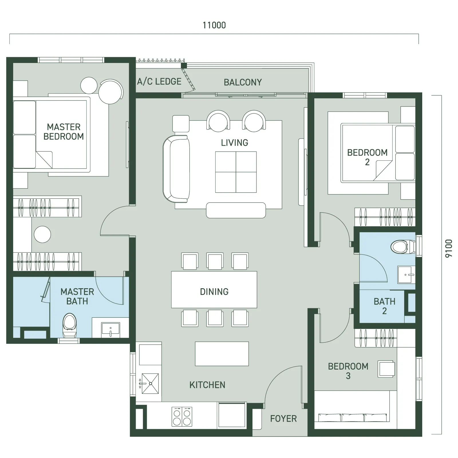 Type B / B1 floor plan — 1062 sq.ft., 3 bedrooms 2 bathrooms, Aras Residences